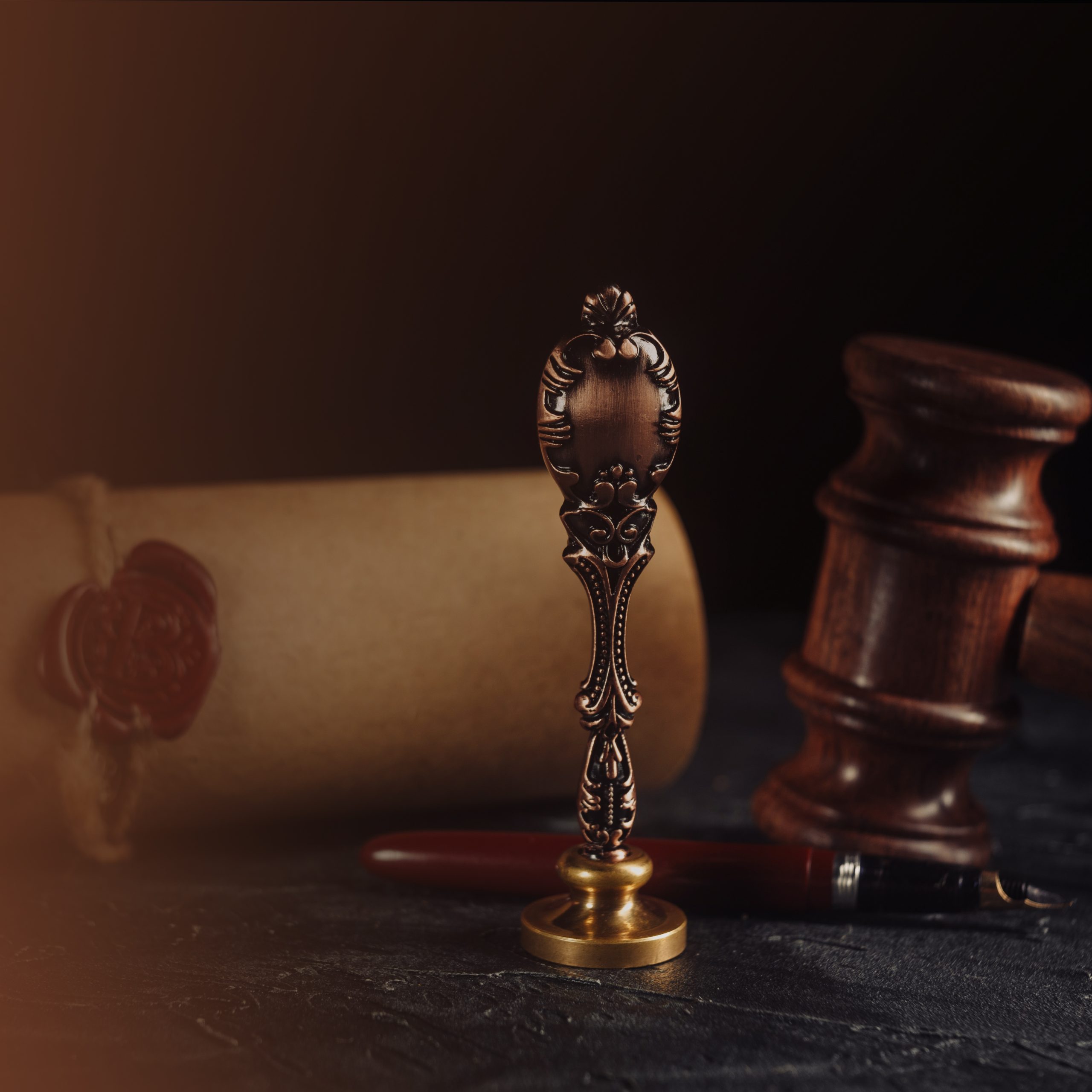 Notary public tools. Law concept with stamp and wooden gavel