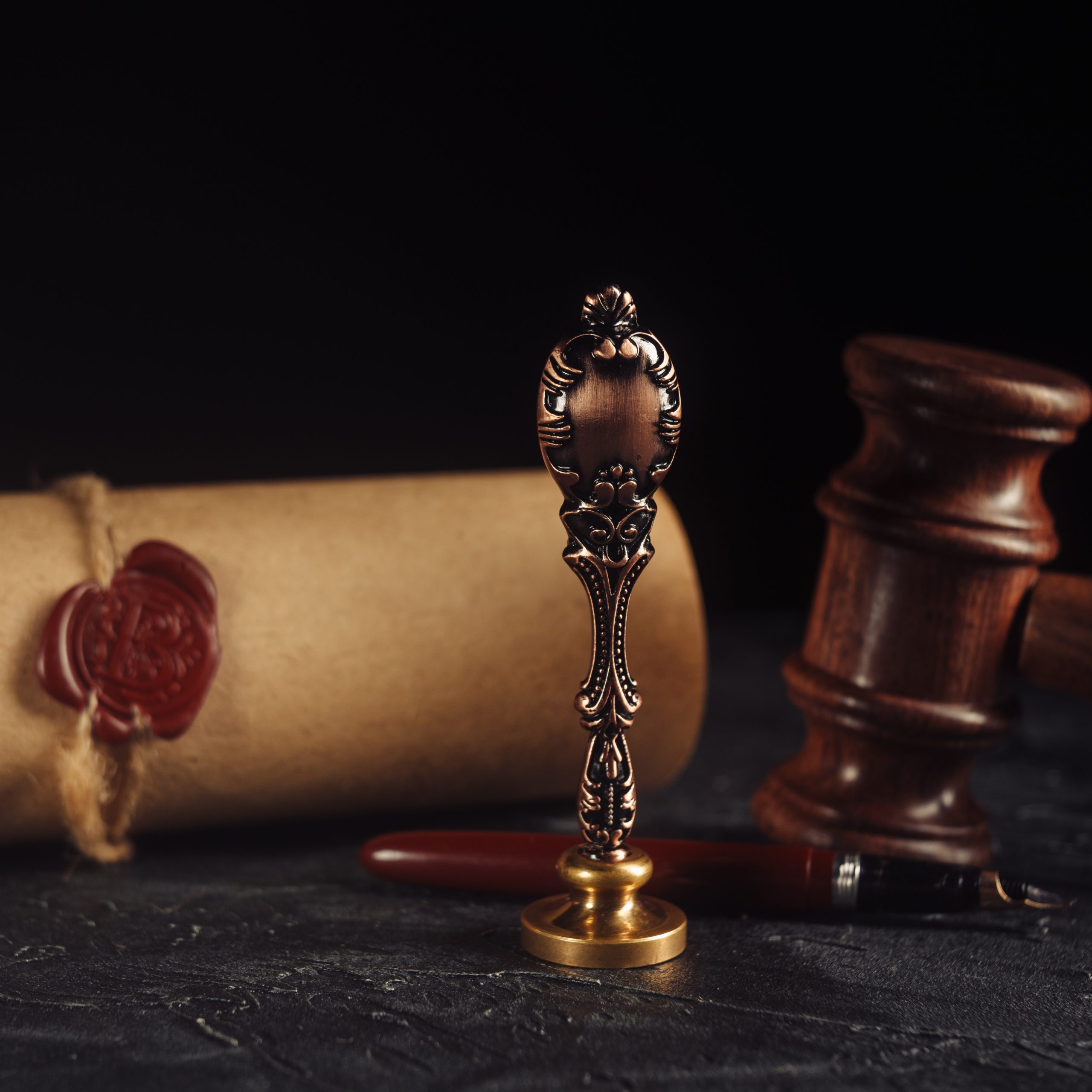 Notary public tools. Law concept with stamp and wooden gavel