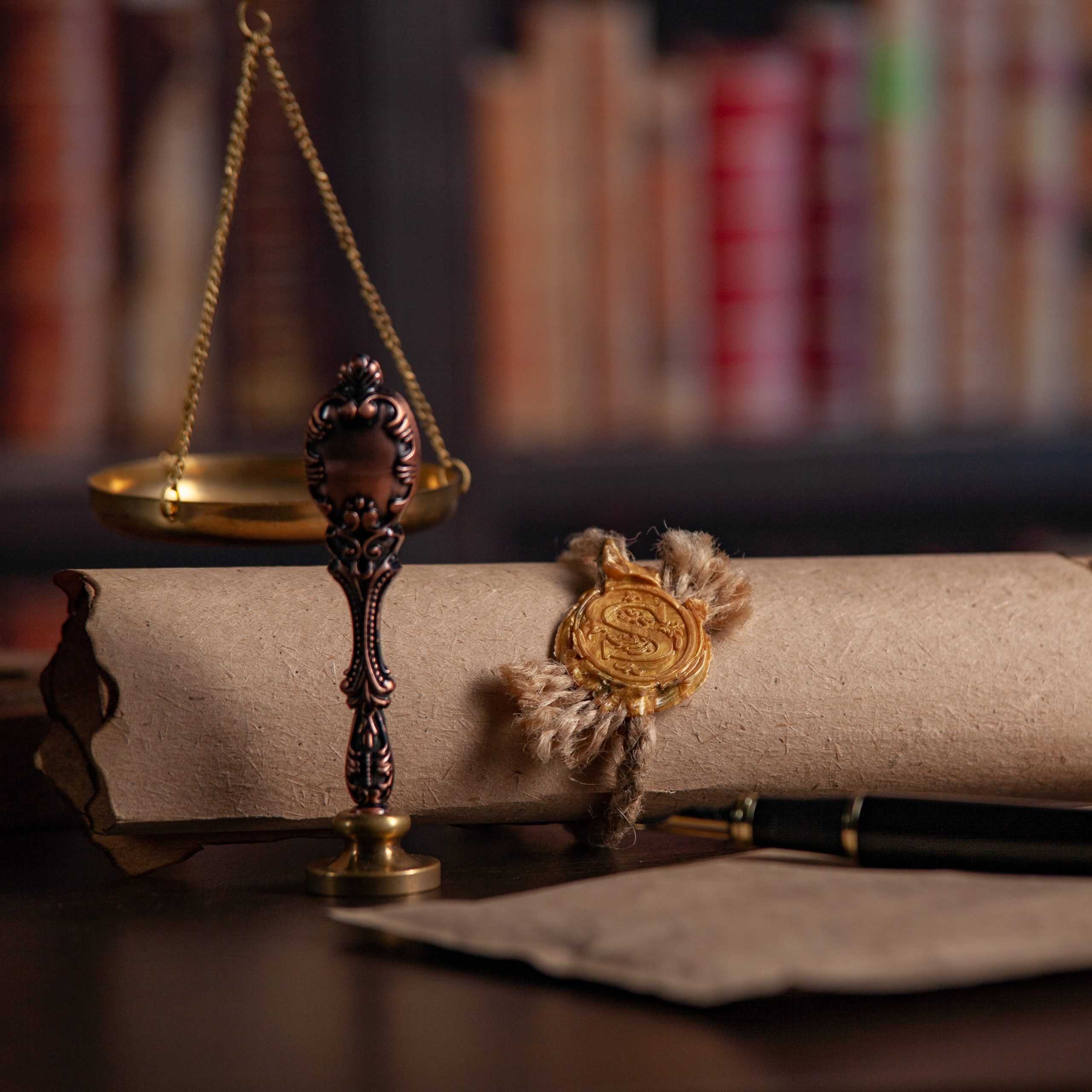 Vintage stamp, envelope and testament. Notary public tools